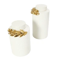White Ceramic Decorative Jar Set with Abstract Spotted Pattern & Gold Leaf Accents