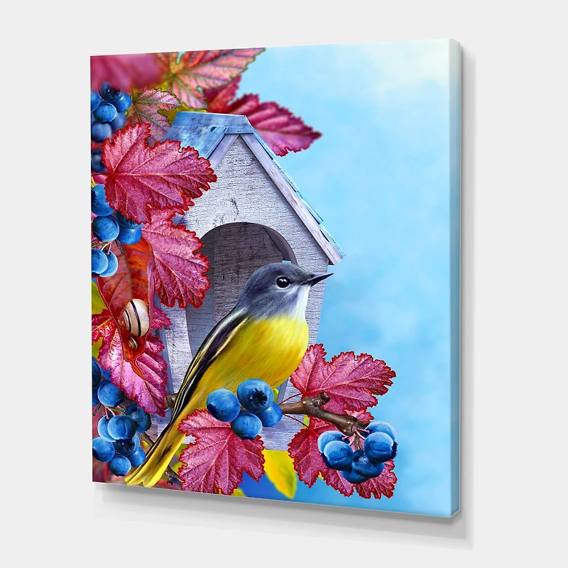 Designart - Titmouse Bird Sitting On A Branch Near A Birdhouse