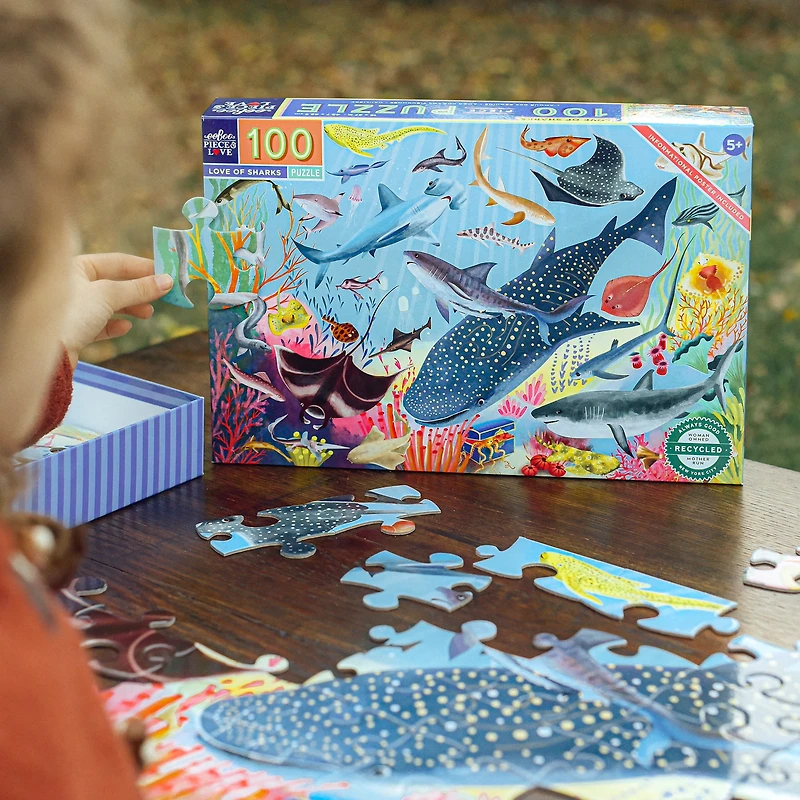 eeBoo Love of Sharks 100 Piece Puzzle with Poster