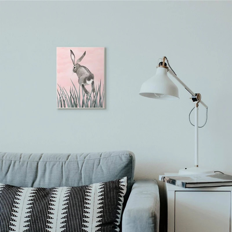 Stupell Industries Bunny Rabbit Jump Grass Pink Green Animal Painting Wall Plaque