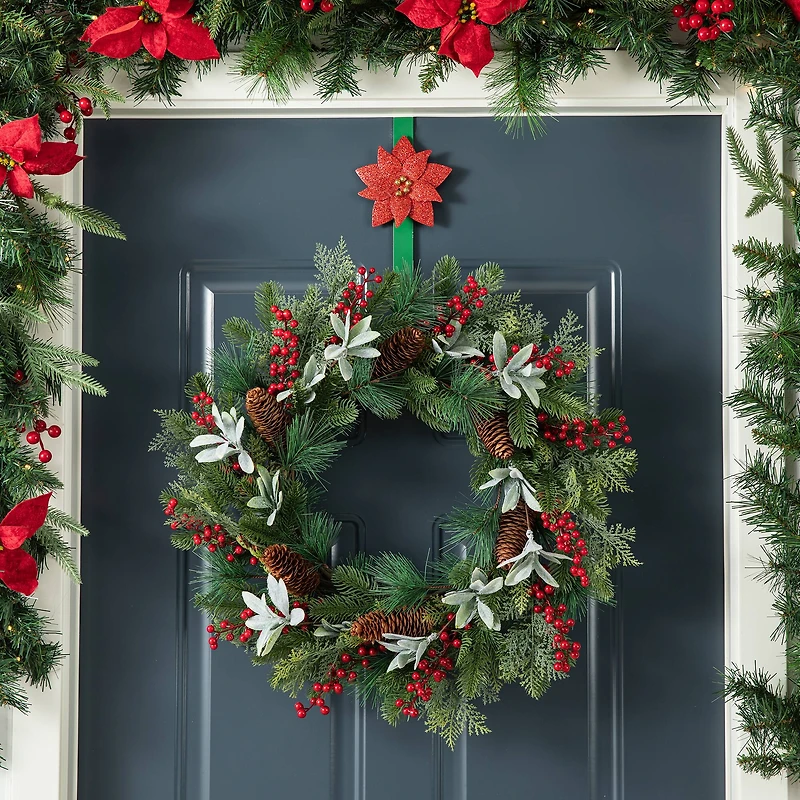 Glitzhome® 14" Christmas Metal Snowflake & Poinsettia Wreath Hanger Set