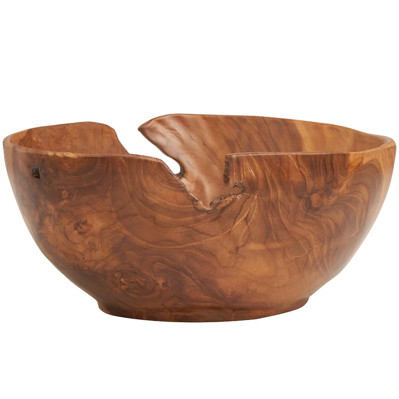 11" Brown Teak Wood Decorative Bowl with Natural Grooves