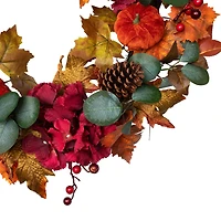 22" Orange & Burgundy Fall Harvest Artificial Floral & Pinecone Wreath