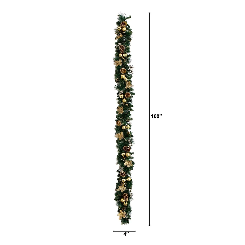 9ft. Pre-Lit Artificial Golden Frosted Christmas Garland with 50 Warm White LED Lights Pinecones, Berries and Ornaments