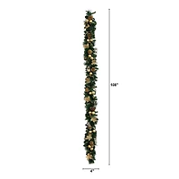 9ft. Pre-Lit Artificial Golden Frosted Christmas Garland with 50 Warm White LED Lights Pinecones, Berries and Ornaments