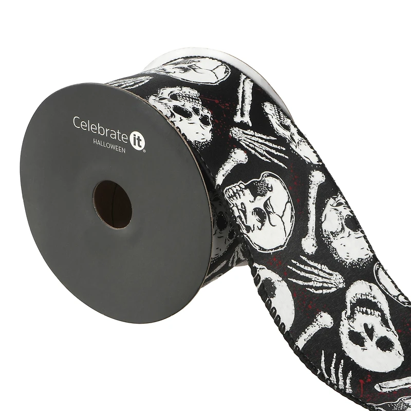 2.5" x 20ft. Black & White Wired Skeleton Head Ribbon by Celebrate It® Halloween