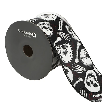 2.5" x 20ft. Black & White Wired Skeleton Head Ribbon by Celebrate It® Halloween