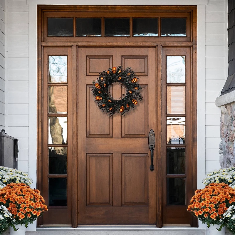 22" Black & Orange Skulls and Spiders Halloween Twig Wreath