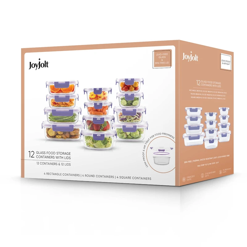 Joyful by JoyJolt® 24-Piece Purple Glass Storage Container Set with Leakproof Lids