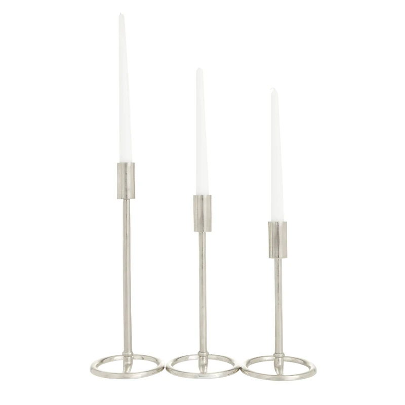 Set of 3 Silver Aluminum Contemporary Candle Holders, 14" x 5" x 5"