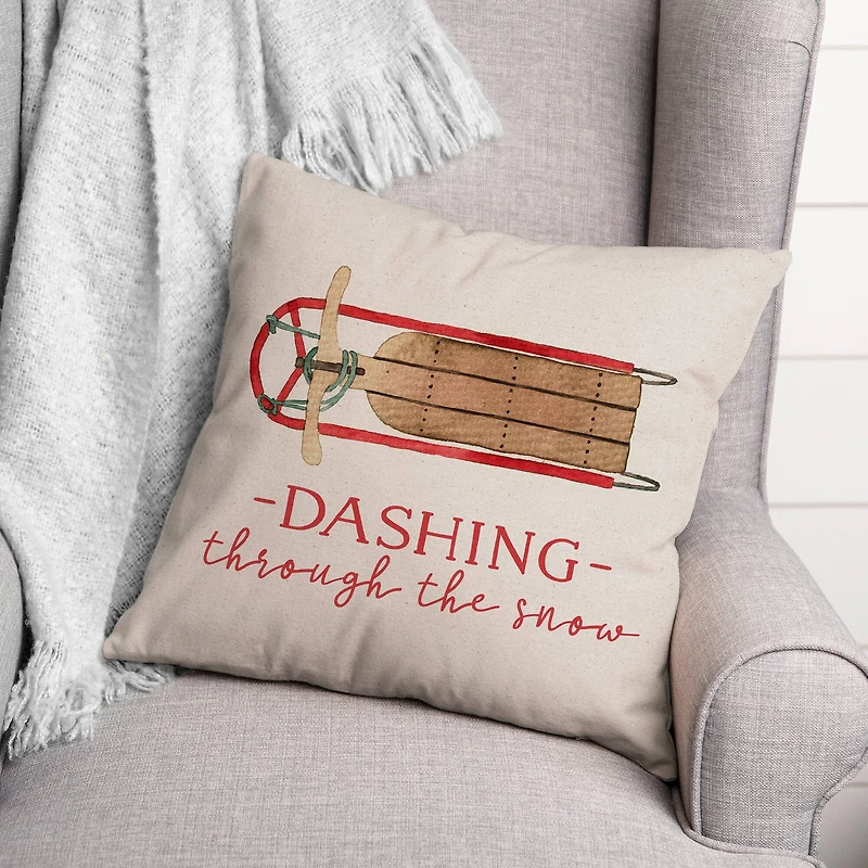Dashing Snow Sled 18x18 Throw Pillow