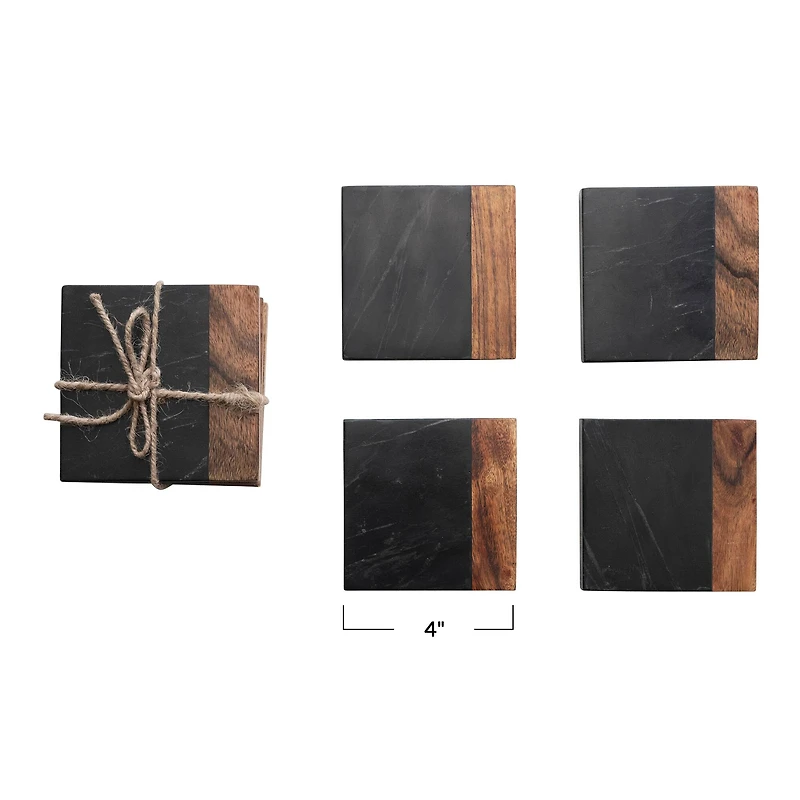 Hello Honey® 2-Tone Black and Natural Marble and Acacia Wood Coaster Set