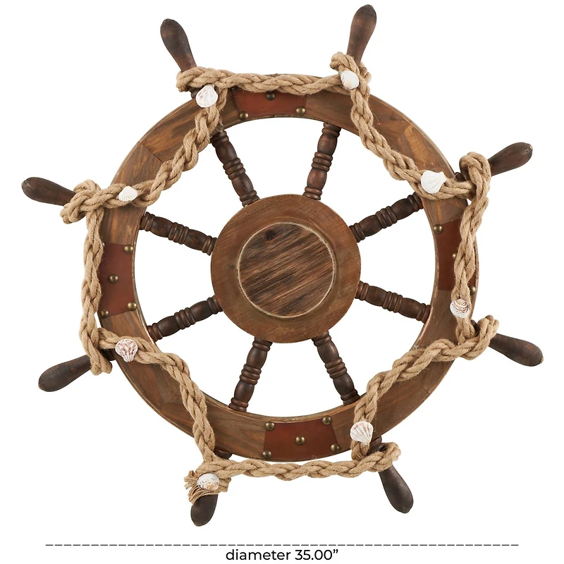 Brown Wood Ship Wheel Handmade Wall Décor with Rope and Shell Accents