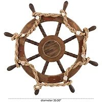 Brown Wood Ship Wheel Handmade Wall Décor with Rope and Shell Accents
