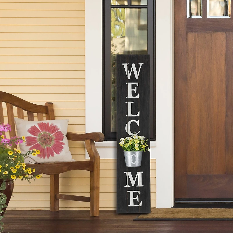 Glitzhome® 42" Wooden Black Welcome Porch Sign with Metal Planter