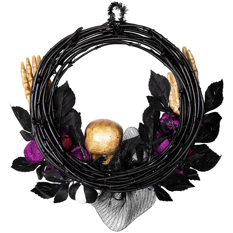 22" Skull with Hands & Purple Roses Halloween Twig Wreath