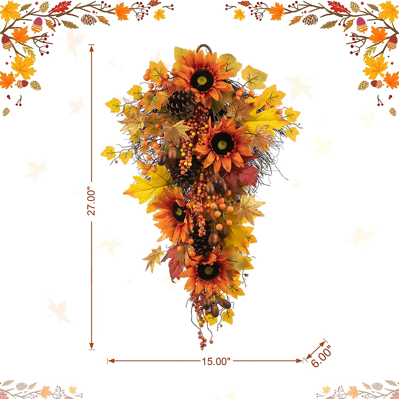 Glitzhome® 27" Fall Sunflower, Maple Leaf & Berry Swag