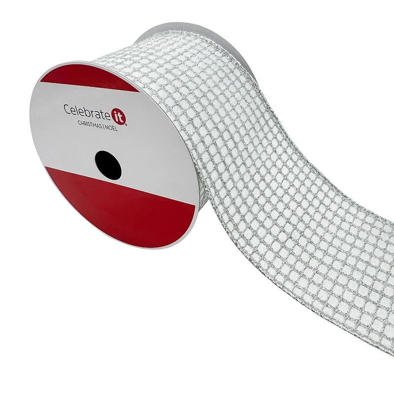 3.5" x 15ft. Cream & Silver Glitter Grid Wired Ribbon by Celebrate It®