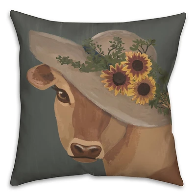 Sunflower Hat Cow Indoor/Outdoor Pillow