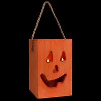 8" Large Orange Wood Jack-O-Lantern Halloween Candle Lantern