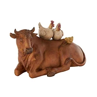 11.5" Copper Cow Decorative Sculpture with Sitting Roosters & Chicks