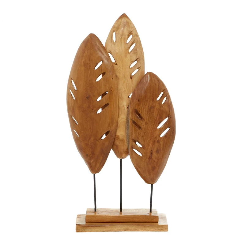 Brown Teak Wood Natural Leaves Sculpture, 23" x 12" x 5"