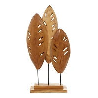 Brown Teak Wood Natural Leaves Sculpture, 23" x 12" x 5"