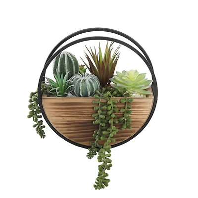 Flora Bunda® 11" Round Wood & Metal Wall Succulent Mix