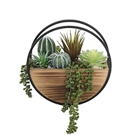 Flora Bunda® 11" Round Wood & Metal Wall Succulent Mix