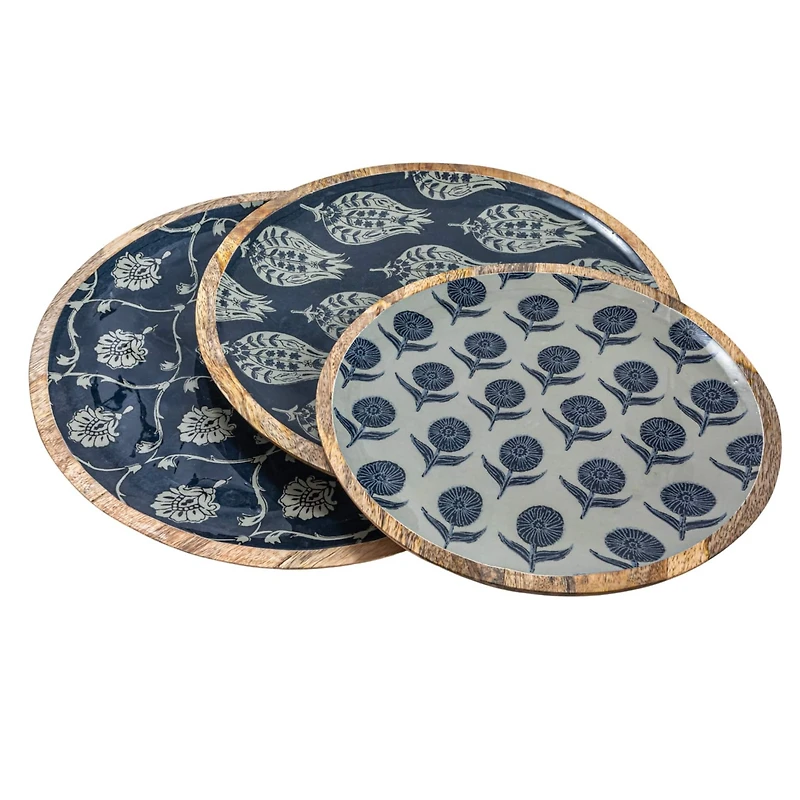 Hello Honey® Blue Floral Enameled Round Mango Wood Tray Set
