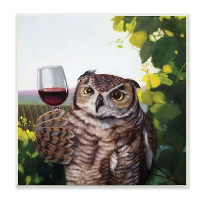 Stupell Industries Great Horned Owl Drinking Red Wine Vineyard Bird , 12" x 12"