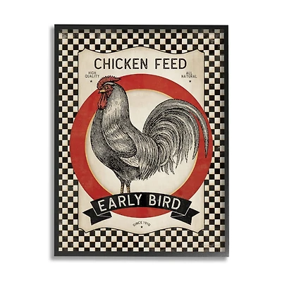 Stupell Industries Vintage Farmhouse Chicken Feed Advertisement Rooster Checkered Pattern Framed Wall Art