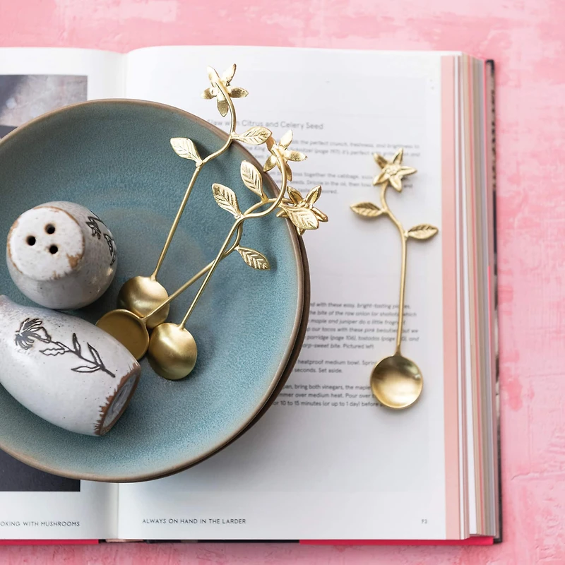 Hello Honey® 5.5" Stainless Steel & Brass Spoons with Flower Handles & Drawstring Bag