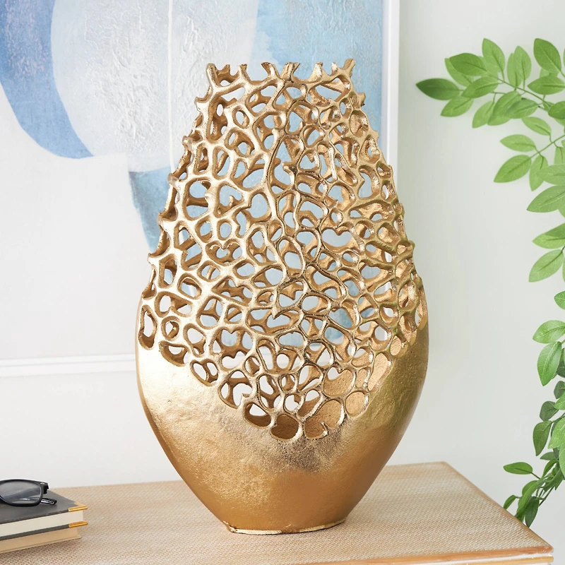 20.75" Gold Aluminum Rounded Vase with Freeform Open Lattice Work