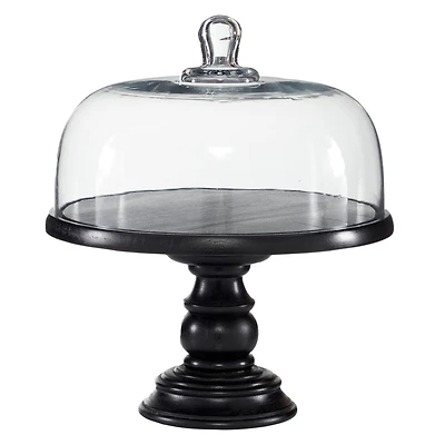 Black Wood and Glass Farmhouse Cake Stand with Cloche, 14" x 12" x 12"