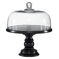 Black Wood and Glass Farmhouse Cake Stand with Cloche, 14" x 12" x 12"