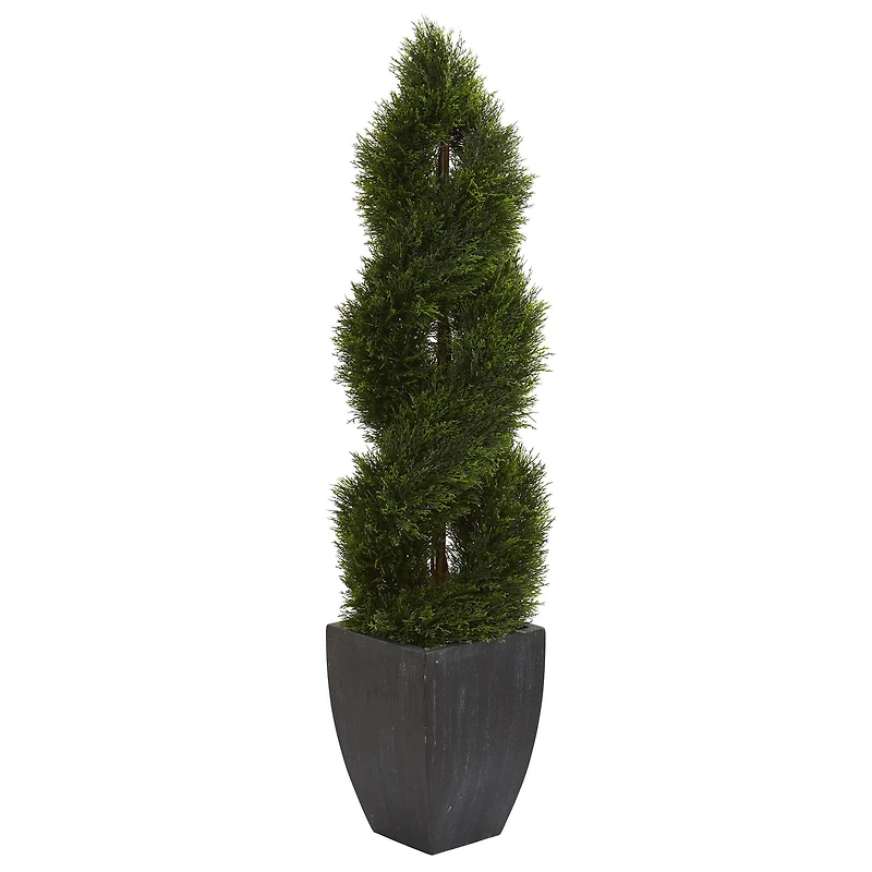 5ft. UV Resistant Double Pond Cypress Spiral Topiary Artificial Tree in Black Wash Planter
