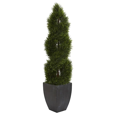 5ft. UV Resistant Double Pond Cypress Spiral Topiary Artificial Tree in Black Wash Planter