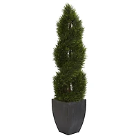 5ft. UV Resistant Double Pond Cypress Spiral Topiary Artificial Tree in Black Wash Planter