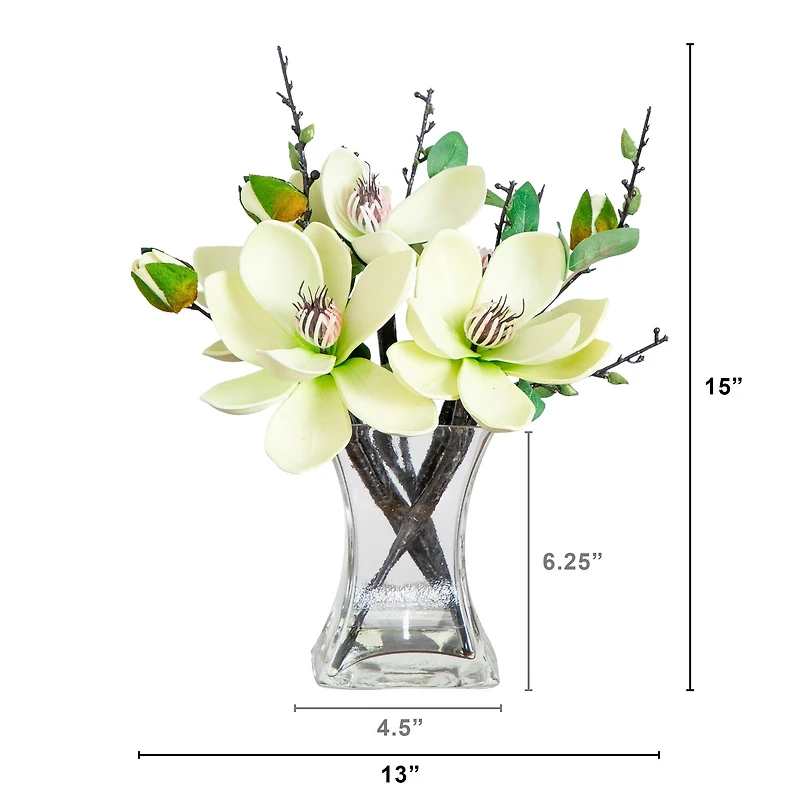 15" White Magnolia Arrangement with Glass Vase