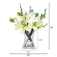 15" White Magnolia Arrangement with Glass Vase