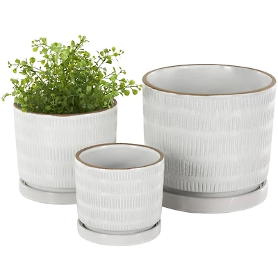 White Linear & Dotted Pattern Ceramic Planter Set
