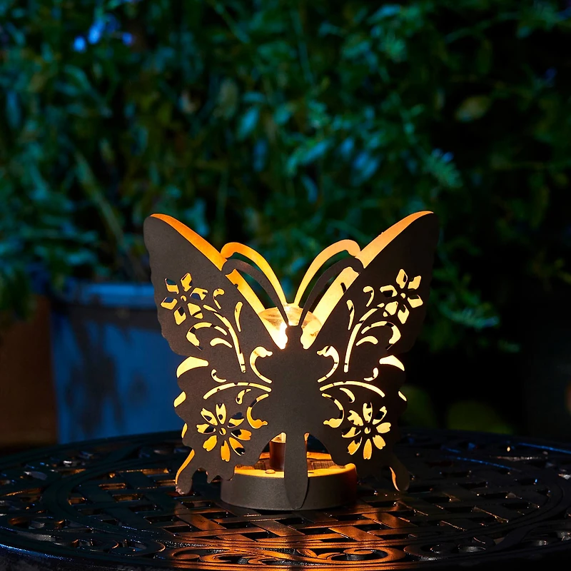 Glitzhome® 9" Metal Flying Butterfly Silhouette Solar Powdered Edison Bulb Outdoor Lantern