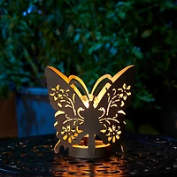Glitzhome® 9" Metal Flying Butterfly Silhouette Solar Powdered Edison Bulb Outdoor Lantern