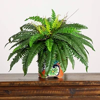21" Artificial Boston Fern in Handmade Mexican Talavera Ceramic Planter