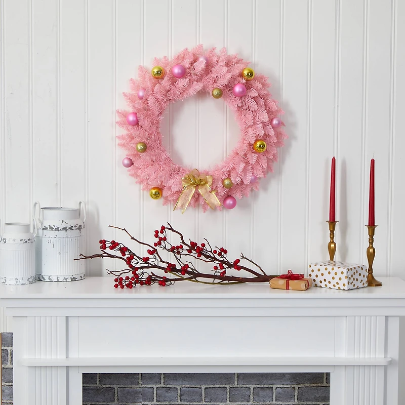 24" LED Pink Artificial Christmas Wreath with Ornaments