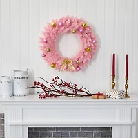 24" LED Pink Artificial Christmas Wreath with Ornaments