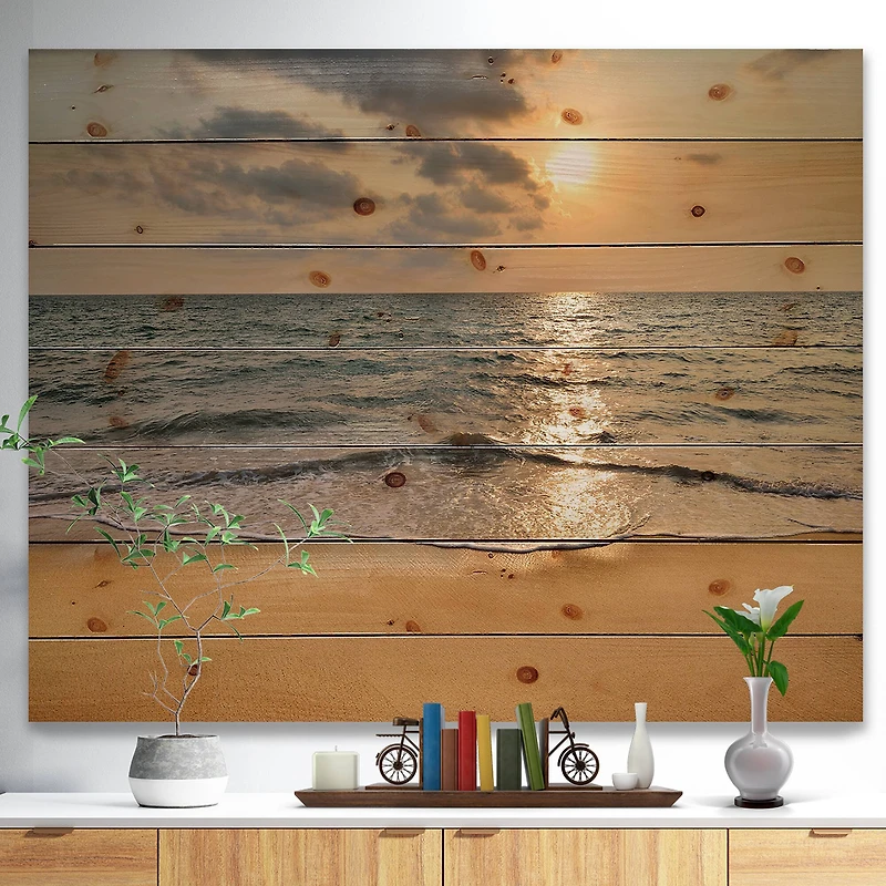 Designart - Dark Tropical Sand Beach at Sunset - Modern Seascape Print on Natural Pine Wood