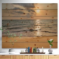 Designart - Dark Tropical Sand Beach at Sunset - Modern Seascape Print on Natural Pine Wood