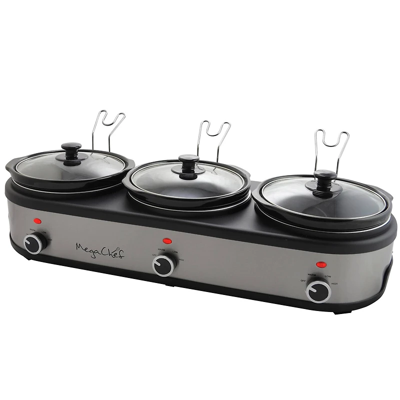 MegaChef Brushed Silver & Black Finish Triple 2.5qt. Slow Cooker & Buffet Server With 3 Ceramic Cooking Pots & Removable Lid Rests